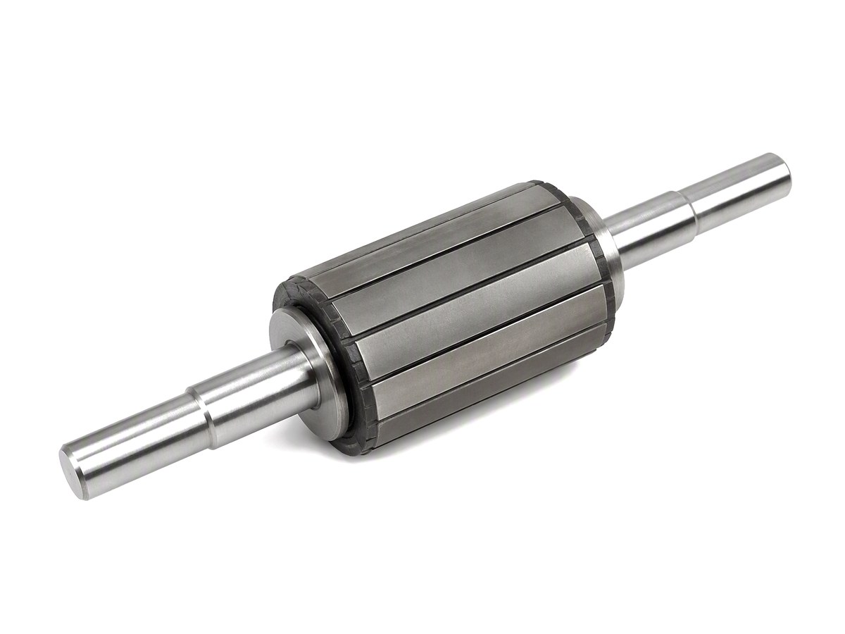 Magnetic rotor assembly with shaft and bonded arc magnets on white background